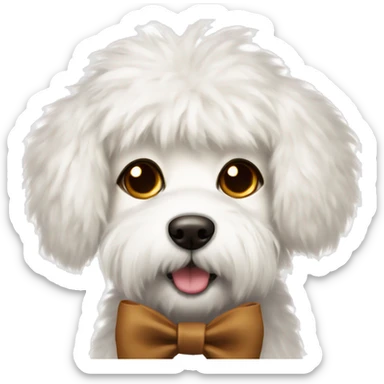 fluffy white dog with brown fur around eyes with bow sticker