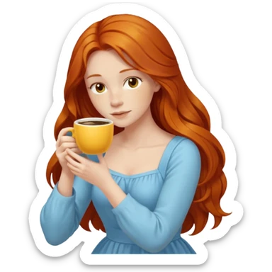 Happy long haired redhead hugging big yellow marble drinking coffee sticker