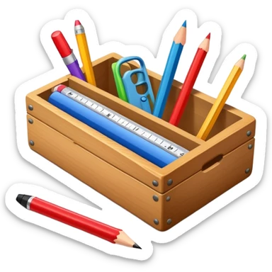 small box of teaching supplies with a pencil, ruler, and markers sticking out sticker