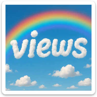 A cloud formation shaped like the word "views" with a rainbow background sticker