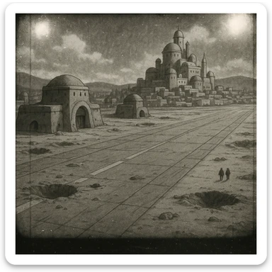 8mm film black and white, no color, light leaks. the image shows post-war reconstruction-era life in the z'rian commonwealth capital region, santa-fe neo-adobe futuristic architechture. arctic temperate region. the image shows a vast airstrip, craters and blast marks, and fortified-hangar-bastions sticker