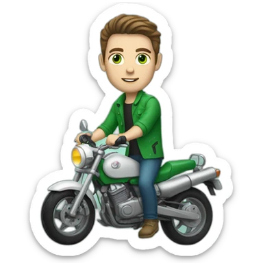 white skin men with brunette hair and green eyes in a sea colour motorbike sticker