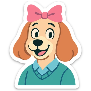 preppy dog with a pink head piece bow, close-up portrait, pastel toon style sticker