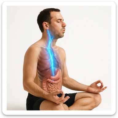 realistic 4K image of a man improving his vagus nerve through breathing protocols, side view, anatomical details, highlighted vagus nerve path with blue glowing effect, man sitting in meditation, transparency on internal organs, white background sticker