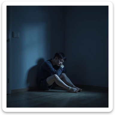 A modern person in a dimly lit room, curled up in the corner, feeling isolated after comparing their real self to their social media persona, realistic illustration style sticker