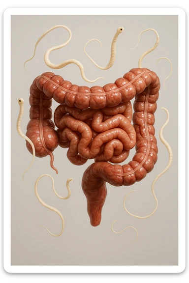 INTESTINO UMANO ANATOMICO REALISTICO FLUTTUA IN ARIA INSIEME A PARASSITI COME LA TENIA, SFONDO CHIARO, iperrealistico 4k sticker