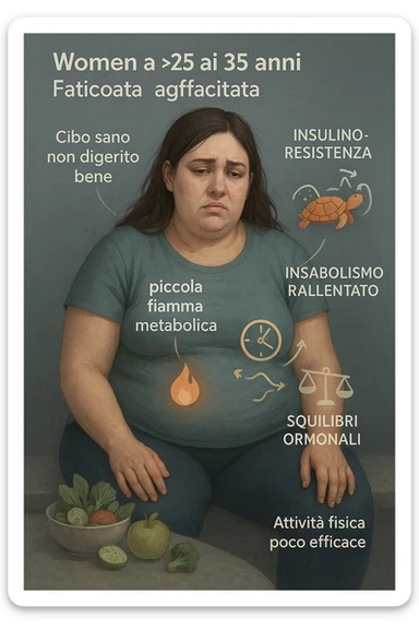 Donna tra i 25 e i 35 anni con fisico leggermente gonfio e postura affaticata, seduta con sguardo stanco. In trasparenza sul suo corpo, si vedono elementi simbolici: una fiamma metabolica molto piccola nel centro dell’addome, una tartaruga accanto a un simbolo di orologio rallentato, indicatori visivi di insulino-resistenza e squilibri ormonali. Intorno a lei: cibo sano non digerito bene, attività fisica poco efficace. Colori spenti attorno al corpo, con toni freddi e lentezza visiva. Stile realistico con elementi infografici e simbolici integrati IN ITALIANO sticker