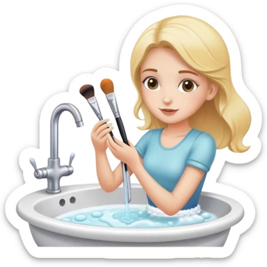 a girl washing brushes in a sink with soap sticker