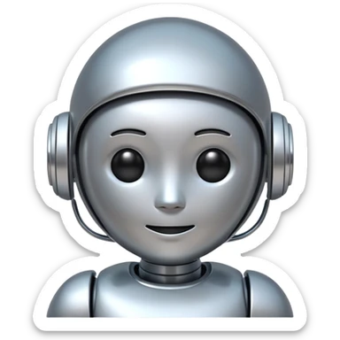 A cute futuristic robot emoji made of silver chrome, rounded friendly body, minimal facial features, glossy metallic surface, soft reflections, iOS emoji style, centered, clean white background sticker