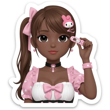 Gyaru makeup, my melody hairclip, cutecore, doll eyes, Doll, big chest, dark brown skin, with half up half down brown hair,  black cute eyes, cute lips with Gyaru outfit sticker