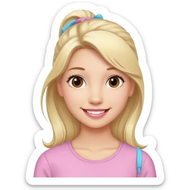 a cute woman like a barbie is smiling, her hair is long, blonde and half ponytail, her eyes color are brown and the color of her lip is soft pink sticker