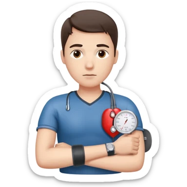 blood pressure cuff wrapped around upper arm with dial reading female sticker