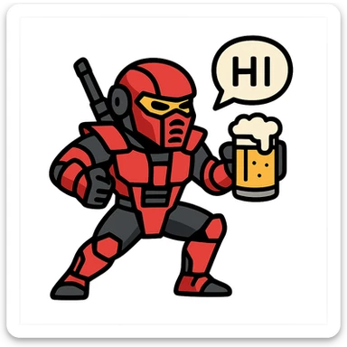 Sector from Mortal Kombat, robotic ninja with red armor, holding a beer in hand, speech bubble saying 'HI', dynamic pose, vibrant colors sticker