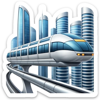 Futuristic monorail train curving above a cityscape with tall buildings sticker