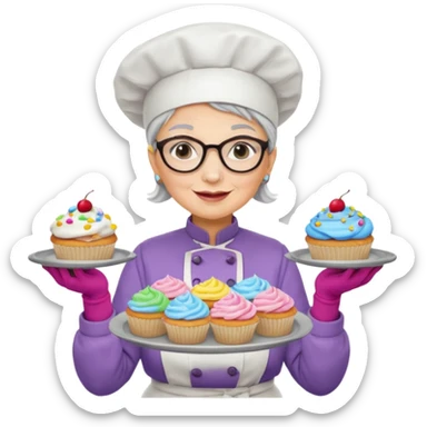 Older female pastry chef – round glasses, oven mitts on, holding a tray of cupcakes

 sticker
