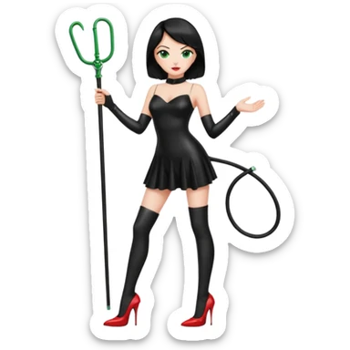 🕵🏻‍♀️💦🧥 black hair , green eyes , full body , red high heels , whip , black latex dress sticker