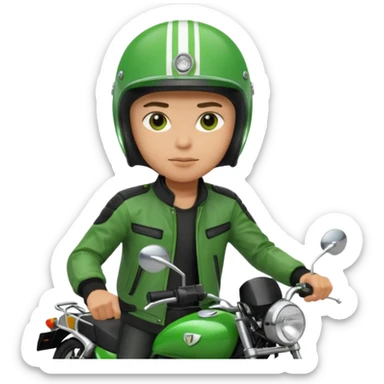 ojek online driver, using motorbike, the helmet is green. green jacket, not green motorbike (maybe a black jacket with green stripes just a little) then please make the driver not looking at "camera",  sticker