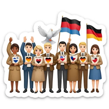 people holding protest signs with the Berlin Wall in the background, peace dove, East and West Germany flags, 1950s and 60s sticker