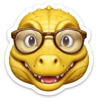 Cocodrilo feliz con boca cerrada mirando de frente que tengan lentes y sea color amarillo con fondo blanco sticker