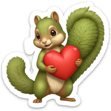 Soft yeşil bir sincap kocaman bir kalp taşıyor sanki karşında çok sevdiği biri varmış gibi sticker