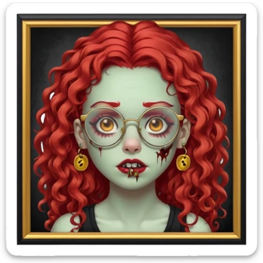 zombie girl with long red curly hair, thick lashes, black glasses, gold nose piercings on each nostril, and a gold eyebrow piercing. sticker