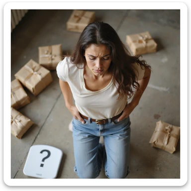 adult woman, photorealistic, holding a belt that does not tighten, frustrated expression, surrounded by light food packages, scale on floor with question mark symbol, natural light, bedroom background sticker