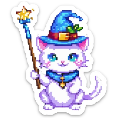 wizard cat with a pointy hat and magic wand sticker