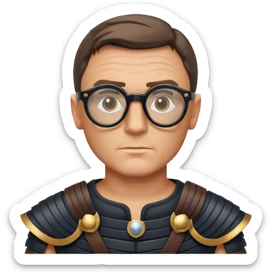 James Bond, wearing gladiator cloth, big round glassed sticker