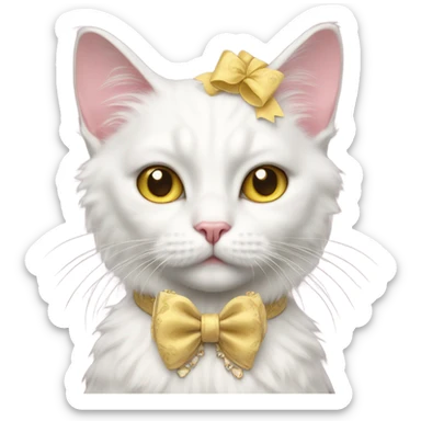 Realistic white cat with yellow eyes with vintage rococo with pink bow sticker