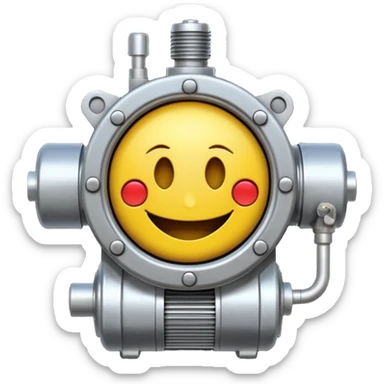 Industrial mechanical motor with a smiley face, emoji for the new electric music genre Motor breaks must be friendly and sellable must be small but clear child friendly, ready to use as a logo, motor synth sticker