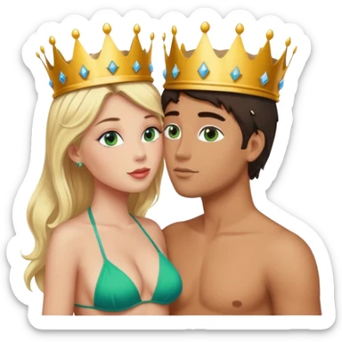 Blonde Queen Green eyes with crown in Bikini kissing Male subject dark Hair blue eyes sticker