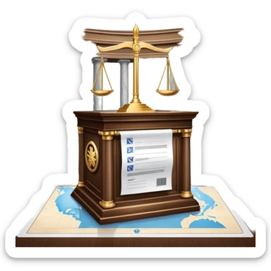 An icon featuring a ballot box with a voting paper, a government building with columns, and a scale of justice, symbolizing political science. The design includes a world map in the background, representing global political systems. Transparent background highlights governance and civic studies. sticker