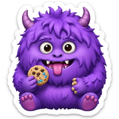 round extra cute purple fluffy monster eating a cookie sticker