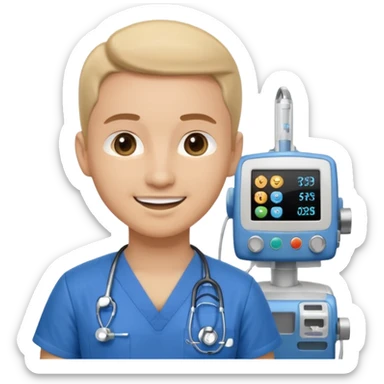 doctor with anesthesia machine, blue scrubs, smiling, modern emoji, minimal background sticker