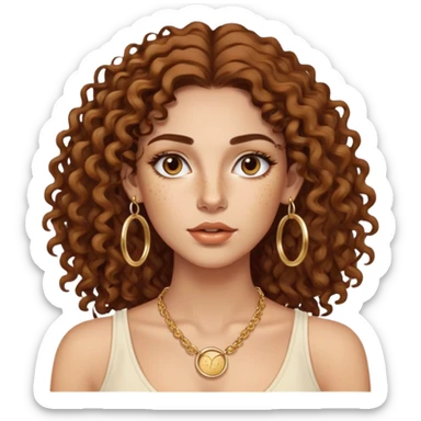 Attractive Greek woman with freckles, long curly hair, gold hoop earrings, small necklace, and lip liner on her lips sticker