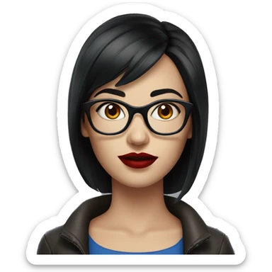 a woman with blue eyes and dark short hair realism with glasses with red lips sticker