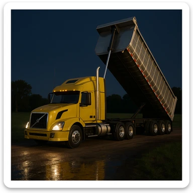 highly photorealistic Volvo yellow semi sleeper truck with a long silver end dump trailer in the raised dump position, night scene with realistic lighting and reflections, parked in a photorealistic rural country setting with fields and trees sticker