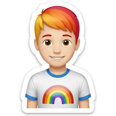 boy smiling with flower outdoors in a t-shirt that says “rainbows are gay“ sticker
