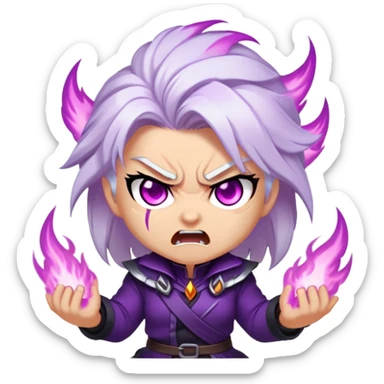 Chibi Sable Ward with rage expression, furious face, glowing purple eyes, white hair with purple streaks, flaming effect around her, angry expression sticker