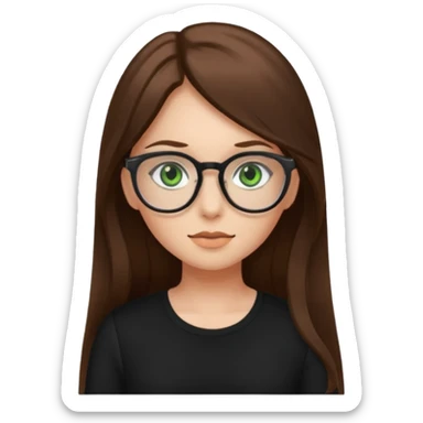 Girl with long brown hair, green eyes, glasses and a black top on sticker