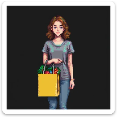 A young woman with a shopping bag, in a city street, vibrant colors, detailed background, shopping festival, niche brands, aesthetic lifestyle sticker