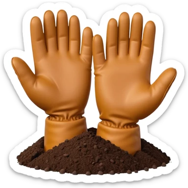 A 3D cartoon pair of gloved hands holding rich dark soil, small bits falling between fingers, bright garden background, soft light, Memoji-style realism. sticker