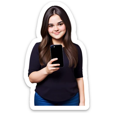 Beautiful young lady slightly overweight with dark brown choppy long hair holding her black iPhone  sticker