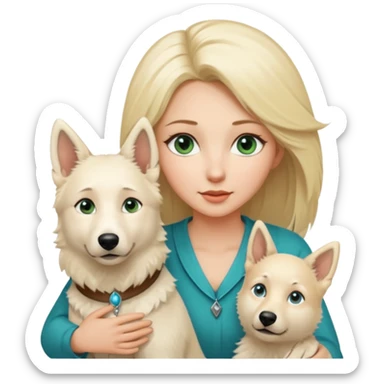 A white blonde Hair Woman with blue Green eyes with a White Shepard with a little bit beige in the fur in a lovely pose  sticker
