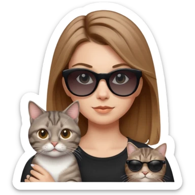 white woman with light brown ombre hair and grey tabby cat, both wearing black sunglasses, looking cool, playful expressive emoji style sticker