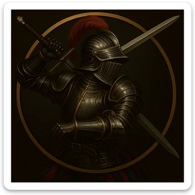 Add a helmet to the landsknecht dopplesoldner, matching the Maximilian German style armour with black and gold accents sticker