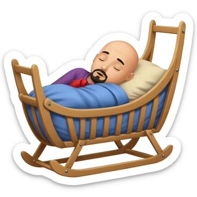 a bald, tan man who has a black goatee sleeping in a cradle sticker