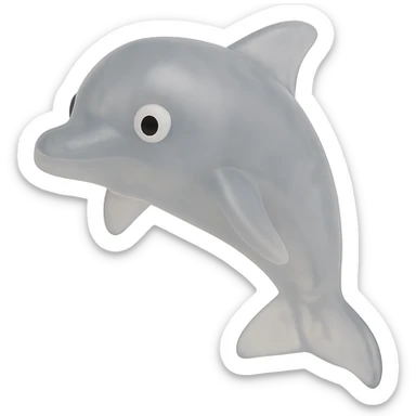 Make the dolphin a natural color (e.g., gray or blue-gray), more transparent and see-through, retro 90's toy style, derpy eyes, no tag, no background, soft plastic, soft reflections, soft and squishy, some cloudiness, not shiny, highly detailed, appealing. sticker