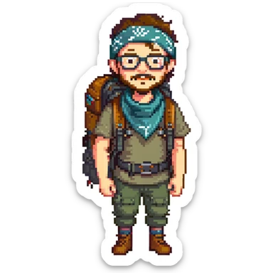 adventurer with goatee beard (no beard on cheeks), short hair, glasses, bandana on head and backpack sticker