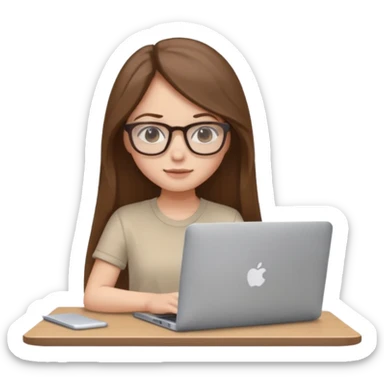 Girl in glasses,brown long hair, beige shirt, sitting with gray MacBook sticker